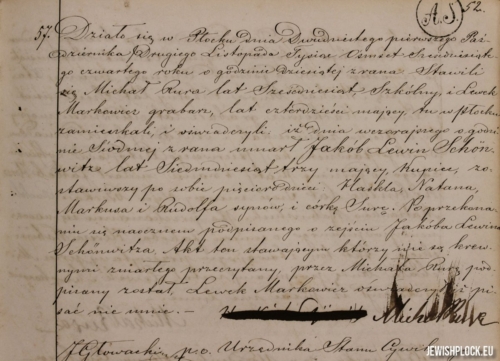 Death certificate of Jakub Lewin Szenwic (source: State Archives in Płock, Akta stanu cywilnego wyznania mojżeszowego gminy wyznaniowej Płock, death certificate no. 57 of 1864)